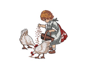 Farm Hens and Little girl Machine Embroidery design, Rooster Embroidery Pattern, Kitchen Designs, Instant Download