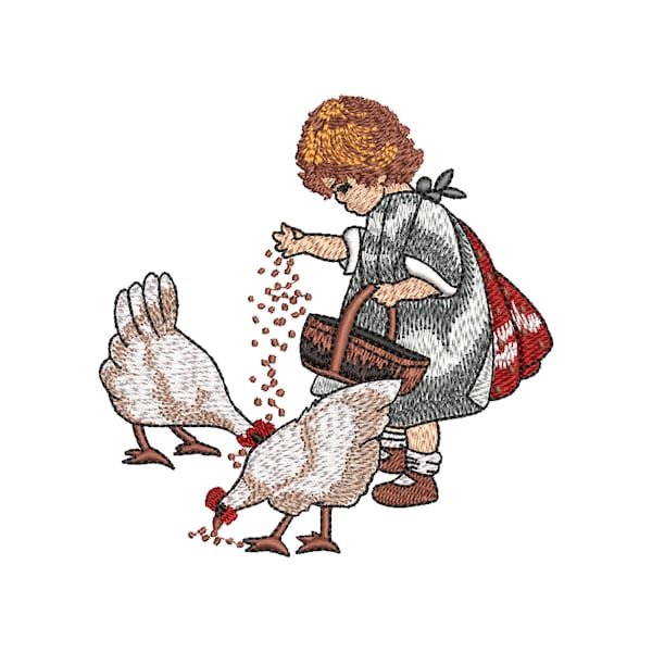 Farm Hens and Little girl Machine Embroidery design, Rooster Embroidery Pattern, Kitchen Designs, Instant Download