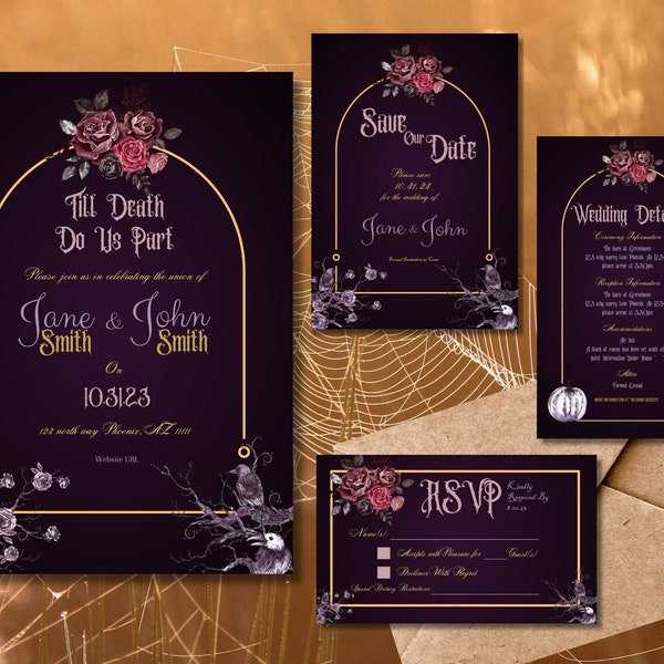 Purple Crow Romantic Halloween Wedding Invitation | Till Death Do Us Part | Digital Download | Gothic Wedding Invite | October Wedding