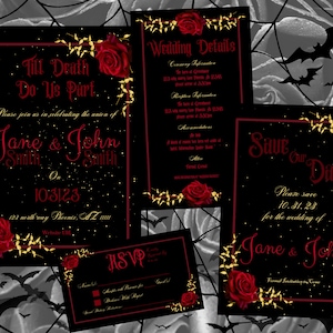 Rote Rose Romantische Halloween-Hochzeits-Einladung | Bis der Tod uns scheidet | Digital Download Vorlage | Gothic Hochzeit einladen | Oktober-Hochzeit