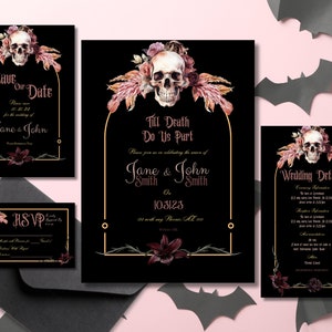 Weißer Schädel Blumen Romantische Halloween-Hochzeits-Einladung | Bis der Tod uns scheidet | Digitaler Download | Gothic Hochzeit Einladung |Oktoberhochzeit