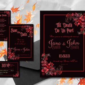 Herbstfarben Rot Romantische Halloween-Hochzeits-Einladung | Bis der Tod uns scheidet | Digitaler Download | Gothic Hochzeit einladen | Oktober-Hochzeit