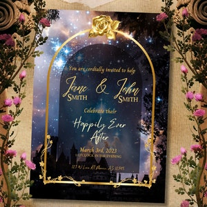 Pacote de convite de casamento fantasia, casamento mágico, personalizável, felizes para sempre, céu noturno de conto de fadas, download digital, modelo, RSVP