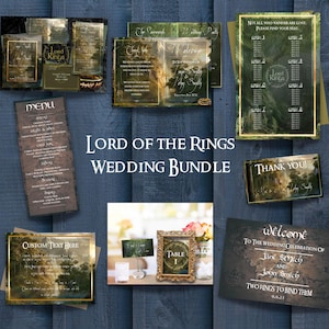 May include: Lord of the Rings wedding stationery bundle with a green and brown color scheme. The bundle includes a welcome sign, table numbers, a seating chart, a menu, a thank you card, and a custom text card. The text on the welcome sign reads "Welcome to the wedding celebration of June Smich and John Smich, Two rings to bind them 9.9.23".