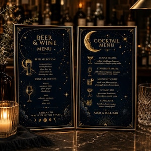 May include: Two rectangular menu cards with a dark blue background and gold celestial illustrations. The left card is titled Beer & Wine Menu, and the right card is titled Cocktail Menu, featuring a crescent moon and various drink icons.