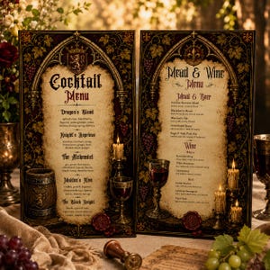 May include: Two rectangular menu cards with dark, ornate borders featuring gold vine patterns. The left card is titled Cocktail Menu, listing drinks like Dragon's Blood. The right card is titled Mead & Wine Menu, listing various alcoholic beverages.