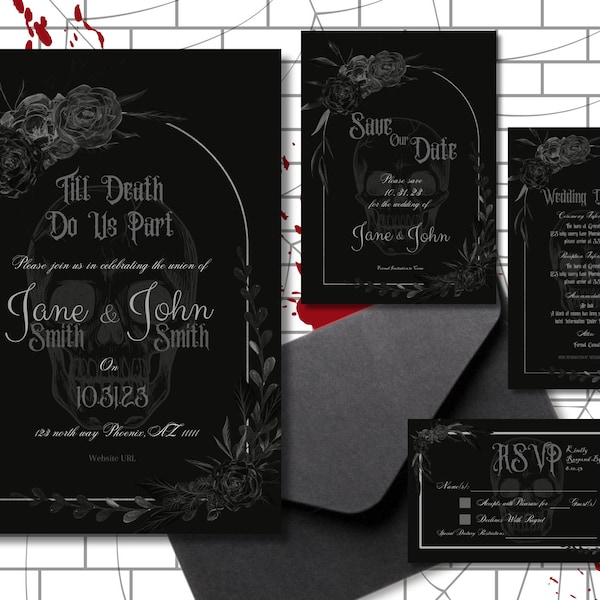 Black Skull Romantic Halloween Wedding Invitation | Till Death Do Us Part | Digital Download | Gothic Wedding Invite | October Wedding