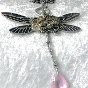 May include: A steampunk-style dragonfly pendant necklace. The silver-toned dragonfly features intricate gear details and wings with dark blue and red accents. A chain suspends a pink teardrop-shaped crystal.