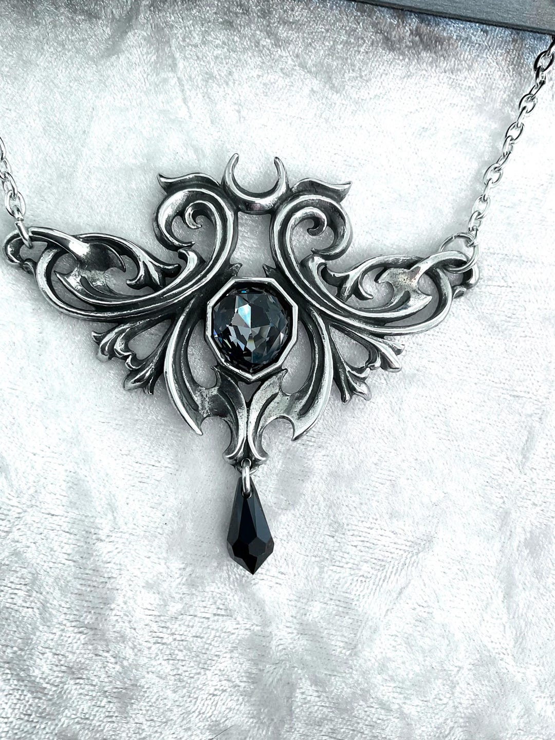 Alchemy Gothic Midnight Memorial Necklace Ornate Black Crystals Fine