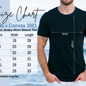 May include: Size chart for a Bella + Canvas 3001 unisex jersey short sleeve tee. The chart shows the width and length measurements in inches for sizes S through 3XL.