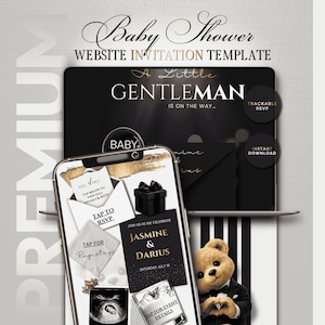 May include: A digital baby shower invitation template with a black and gold design. The invitation includes the text "A Little Gentleman is on the way..." and features a smartphone mockup with RSVP and registry options.