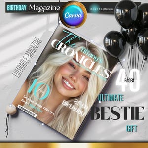Vogue Birthday Magazine Template Canva, Blue Vogue Magazine Gift, Personalized Birthday Magazine Cover, Bestie Gift, Custom Photo Gift, Edit