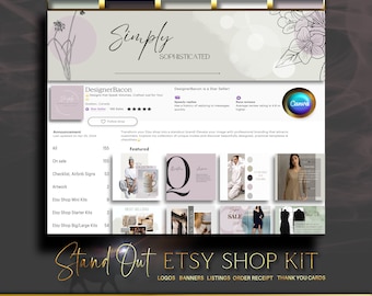 Könnte beinhalten: Ein digitales Marketing-Kit für Etsy-Shops mit einem rosa-grauen Farbschema. Das Kit enthält Logos, Banner, Listings, Bestellbestätigungen und Dankeskarten. Der Text "Stand Out Etsy Shop Kit" ist in einer großen Schriftart dargestellt.