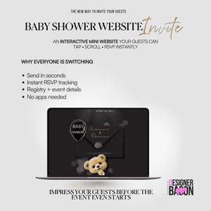May include: A promotional image for a baby shower website invite. The image features a laptop displaying a baby shower invitation with a teddy bear graphic. Text includes "Baby Shower Website Invite" and "Impress your guests before the event even starts."