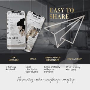 May include: Two smartphones displaying wedding details and a thank you message, with a teddy bear and photos. The image includes the text "EASY TO SHARE" and options for sharing via text, email, WhatsApp, and social media.