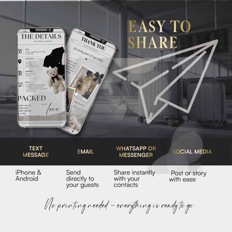 May include: Two smartphones displaying wedding details and a thank you message, with a teddy bear and photos. The image includes the text "EASY TO SHARE" and options for sharing via text, email, WhatsApp, and social media.
