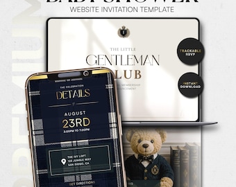 Little Gentleman Baby Shower Invite •  Preppy Teddy Bear Baby Shower Website Invitation Template, Editable Canva Evite • Digital Download