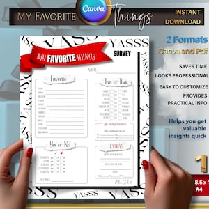 My Favorite Things Survey Questionnaire, Employee Favorites, Teacher Favorite, All About Me, Survey, pdf, Editable, Instant download