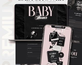Baby Shower Website Invitation Template with RSVP & Countdown | Luxury Editorial Black  Blush Pink invite | Editable Canva, Digital Download