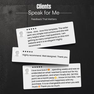 May include: Image of customer testimonials on a dark background. The text reads "Clients Speak for Me" and "Feedback That Matters." Three white rectangular cards display customer reviews with star ratings and positive comments about a product or service.