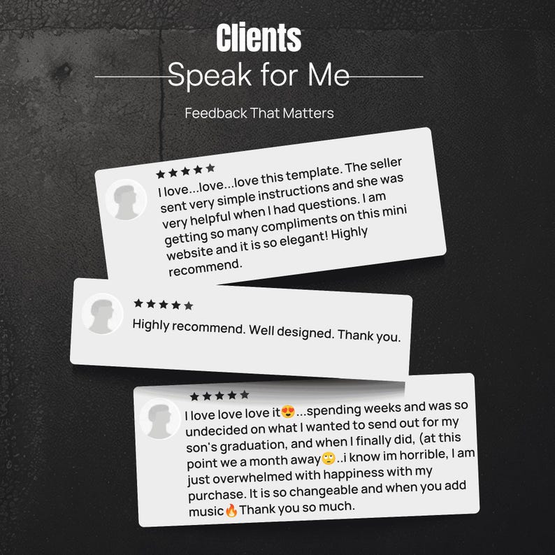 May include: Image of customer testimonials on a dark background. The text reads "Clients Speak for Me" and "Feedback That Matters." Three white rectangular cards display customer reviews with star ratings and positive comments about a product or service.