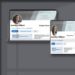 May include: A screenshot of a computer screen and a tablet showing a profile page for Jennifer Gilbert, a graphic designer. The profile page includes a photo of Jennifer, her name, location, and a call to action to add a profile section.