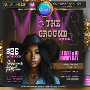 Western Night Party Flyer Template, Party Flyer, club Flyer, Canva Flyer, Event Flyer, digital flyer, motion, Cowgirl Rodeo / Instagram post