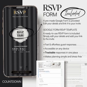 May include: A digital invitation design displayed on a smartphone screen. The design features a countdown, RSVP details, and a Google Form template. The color scheme is black, white, and gold. The text includes "RSVP HERE" and "Countdown to Baby MALIK".
