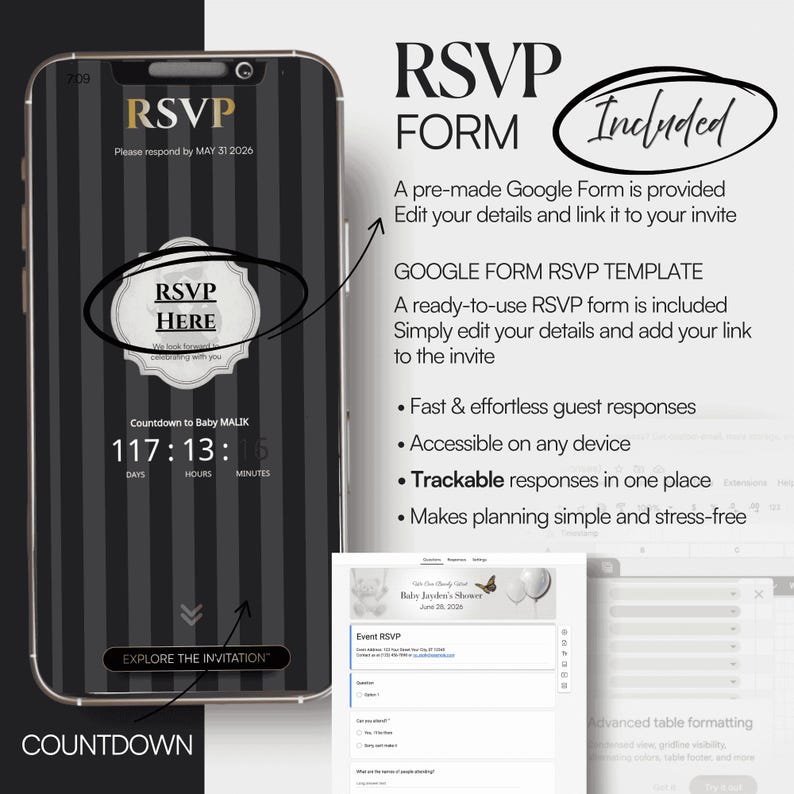 May include: A digital invitation design displayed on a smartphone screen. The design features a countdown, RSVP details, and a Google Form template. The color scheme is black, white, and gold. The text includes "RSVP HERE" and "Countdown to Baby MALIK".