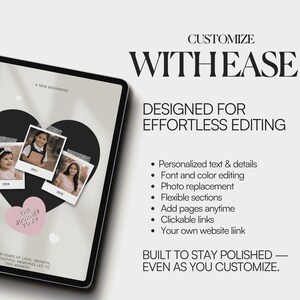 May include: A digital tablet displaying a template with a large black heart, three polaroid-style photos, and a pink heart labeled THE JOURNEY TO XV. Text includes CUSTOMIZE WITH EASE, DESIGNED FOR EFFORTLESS EDITING, and BUILT TO STAY POLISHED.