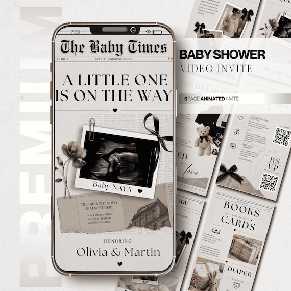 Baby Shower Video Invitation Template • Newspaper Baby Shower Invite • Animated MP4 Evite • Canva Mobile Invitation • Digital Download •