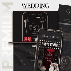 Photo Booth |  Wedding invite | Interactive Wedding Website Template with RSVP | Black Theme  Invite | Editable Canva FAQ | Digital Download