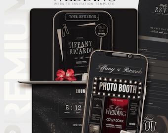 Photo Booth |  Wedding invite | Interactive Wedding Website Template with RSVP | Black Theme  Invite | Editable Canva FAQ | Digital Download