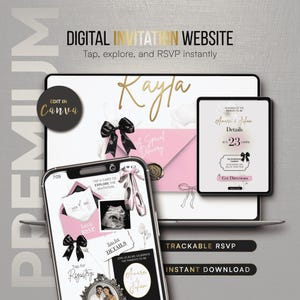 Coquette Baby Shower Website Template, Editable Canva Invite, Interactive RSVP, Bow Theme Invitation, Luxury Digital Invite