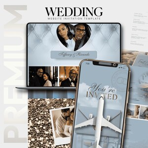 May include: A digital wedding website invitation template displayed on a laptop and smartphone screen. The design features light blue tones, photographs of a couple, the text Tiffany & Ricardo, and a graphic of an airplane over an envelope.