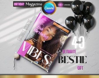 Vogue Birthday Magazine Template Canva, PINK Vogue Magazine Gift, Personalized Birthday Magazine Cover, Bestie Gift, Custom Photo Gift, Edit