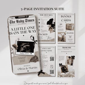 May include: A 5-page invitation suite with a newspaper theme. The design includes a smartphone displaying the announcement "A Little One Is On The Way," an ultrasound image, and details for the event. The suite is designed to make your event feel elevated and unique.