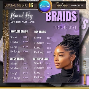 Hair Flyer, Braid Flyer, Braids Price List, Knotless Braid Sale,Hair Stylist, Social Media Template, Editable Instagram Canva Template