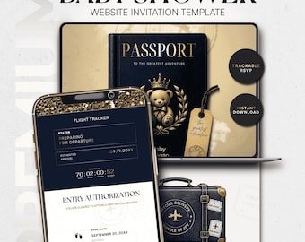 Baby Shower Passport Invitation Template · Luxury Travel Baby Shower Website Invite · Editable Canva RSVP· Gender Neutral • Baby Shower