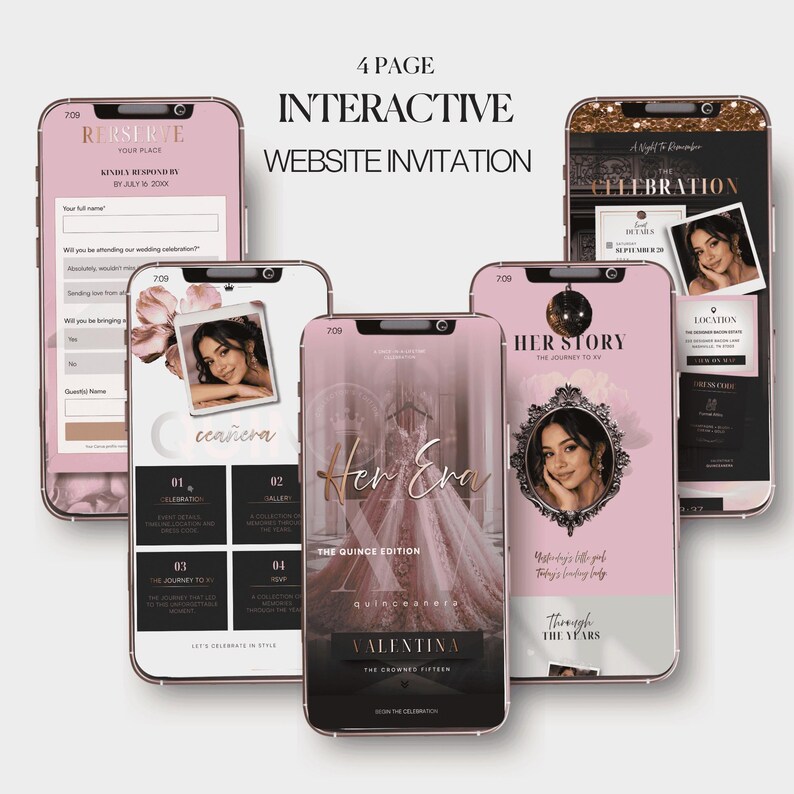 Luxury Quinceañera Website Invitation Template • Editable Canva trackable RSVP Website • Pink & Gold XV Invitation • Digital Download image 3