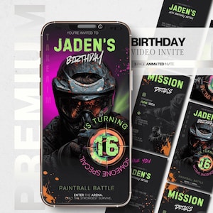 Può includere: Uno smartphone mostra un invito video di compleanno per il 16° compleanno di Jaden, a tema paintball. Il design presenta un giocatore di paintball, accenti verde neon e rosa, e il testo "Enter the Arena. Only the Strongest Survive."