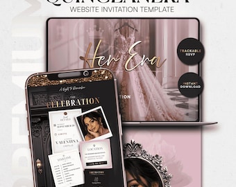 Luxury Quinceañera Website Invitation Template  •  Editable Canva trackable RSVP Website • Pink & Gold XV Invitation •  Digital Download