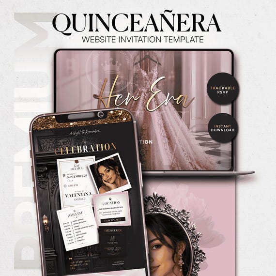 Luxury Quinceañera Website Invitation Template  •  Editable Canva trackable RSVP Website • Pink & Gold XV Invitation •  Digital Download