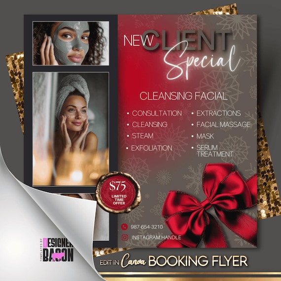 Christmas Facial Flyer, Holiday Spa, Esthetician Canva Template, Winter Specials Flyer, Skincare Promo, Beauty Salon Template