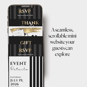 May include: A smartphone screen displays a digital invitation with RSVP, Thank You, and Gift sections. The design features black and gold accents with vertical stripes. Text includes event details for July 19, 2026.