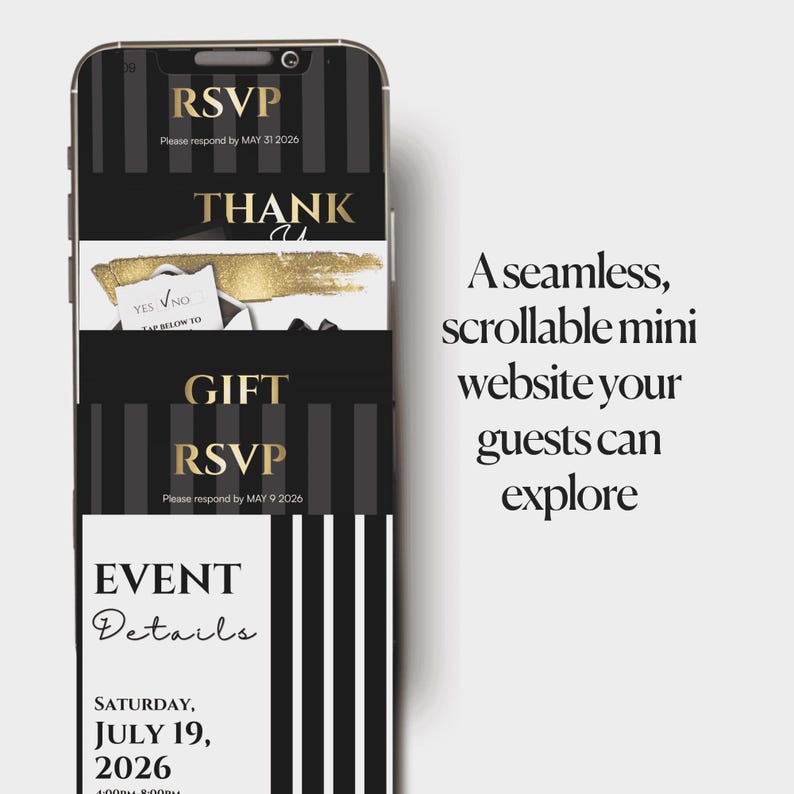 May include: A smartphone screen displays a digital invitation with RSVP, Thank You, and Gift sections. The design features black and gold accents with vertical stripes. Text includes event details for July 19, 2026.