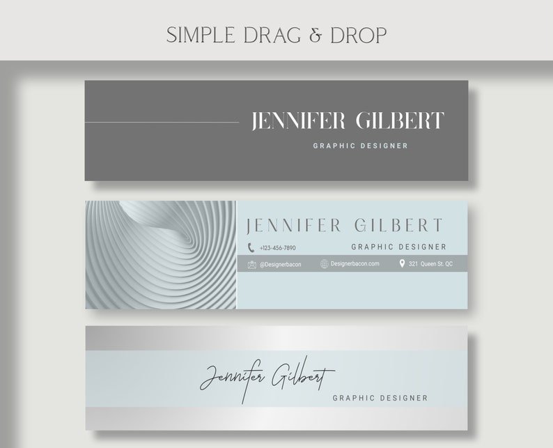 May include: Three different versions of a business card for Jennifer Gilbert, a graphic designer. The first card is gray with white text. The second card has a white abstract design and blue text. The third card is white with a silver stripe and a handwritten signature.