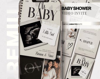 May include: A digital baby shower invitation design featuring a smartphone displaying the words "Oh BABY" and images of an ultrasound, and a couple. Additional invitation cards are visible, with text including "Baby Shower Video Invite" and "Diaper Raffle."