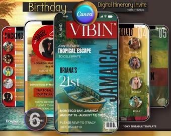 May include: A digital invitation for a 21st birthday party in Jamaica. The invitation features a tropical island scene with a boat and the text "Vibin' Jamaica". The invitation also includes a packing list and a travel itinerary.