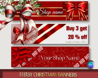 May include: Three red and white Christmas banners with gold accents. The top banner has a red bow with white ribbon and the text "Shop name". The middle banner has red and white stripes and the text "Buy 3 get 20% off Limited time offer". The bottom banner has a red bow with a red and white swirl pattern and the text "Your Shop Name" with a red and white "HO HO HO" pattern.